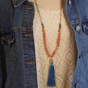 Rose Stone, Mint Beads Blue Tassel Long Necklace | New | Semi -Precious Stone